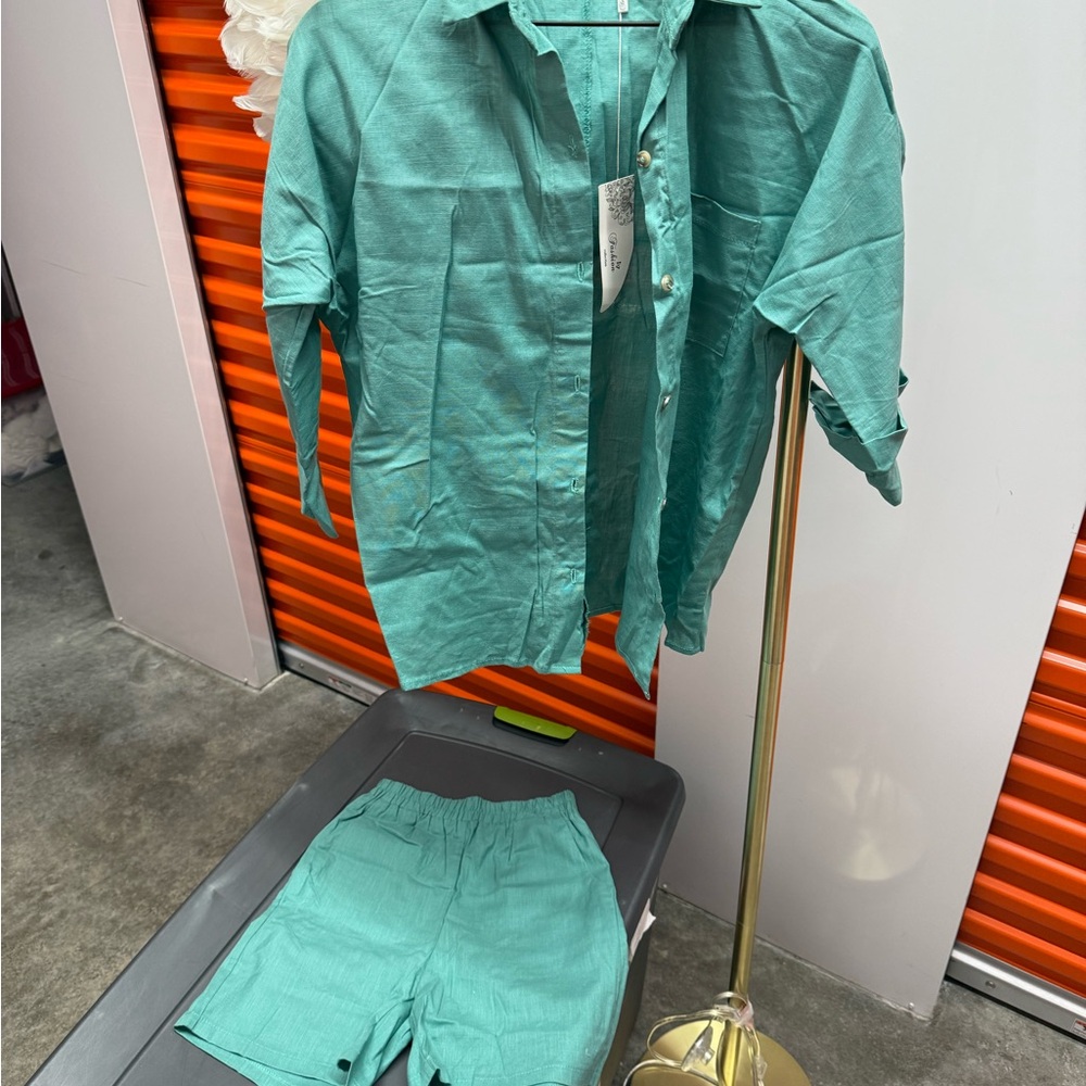 S Teal Button-Up Shirt and Shorts cotton Set